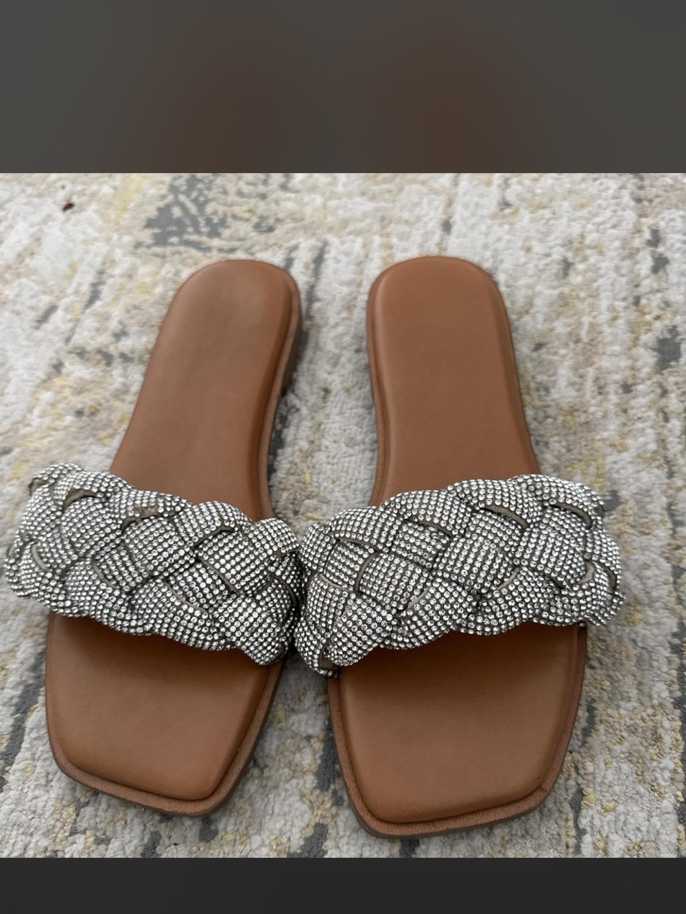 Women’s Braided Crystal Strap Slide Sandals - Brown